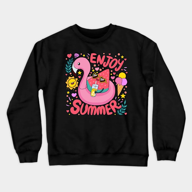 Enjoy Summer a fun summer time vacation design watermelon in a flamingo floaty Crewneck Sweatshirt by Yarafantasyart